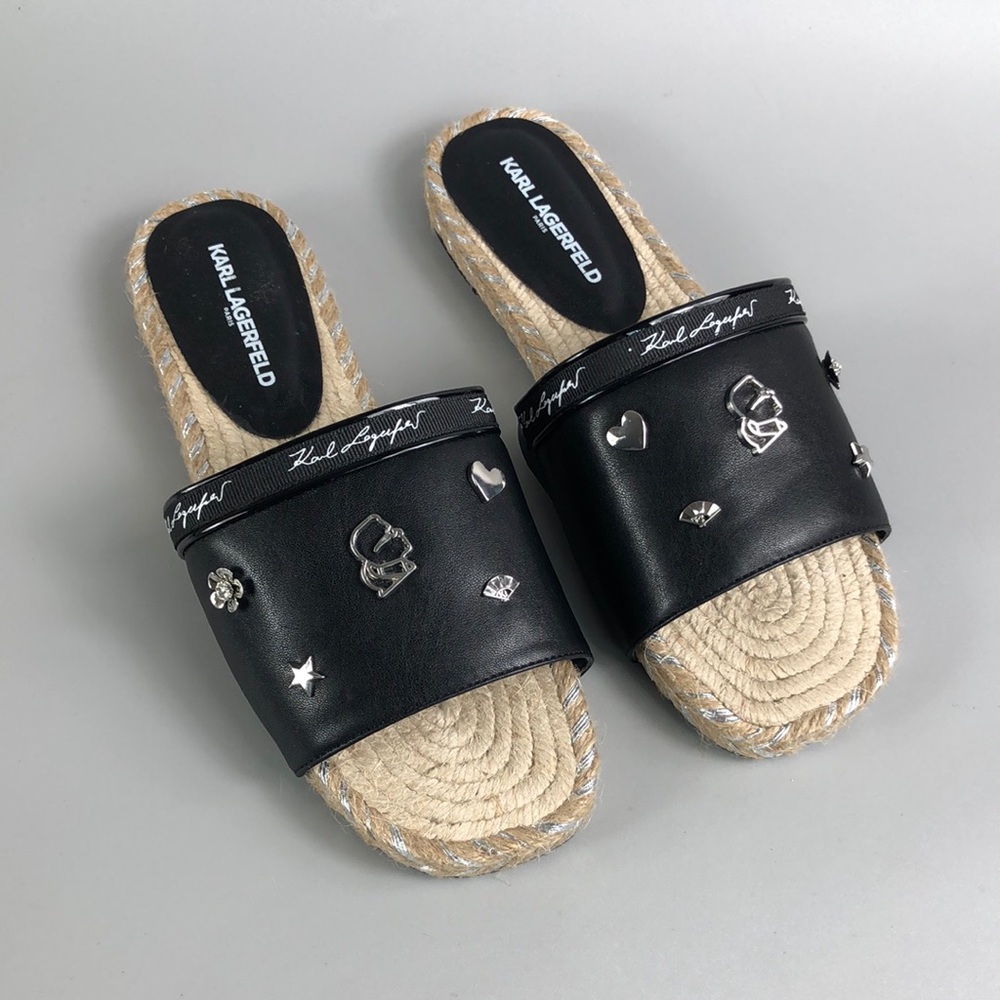 Karl Lagerfeld Black Embellished Slide Mules Espadrille with Charms Size 8